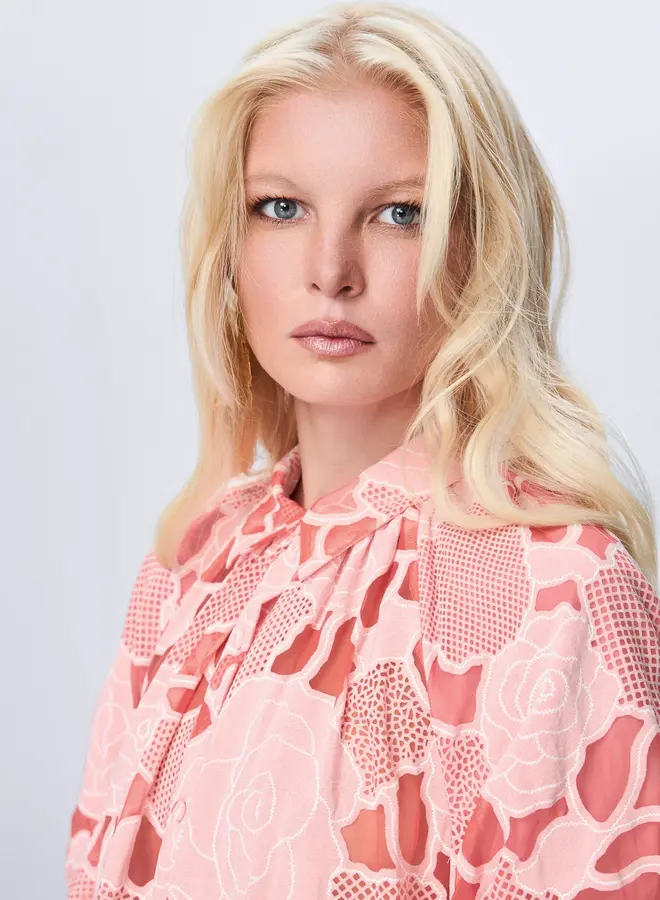 Theo- Ourania Puff Sleeve Shirtdress- Aurora Peach