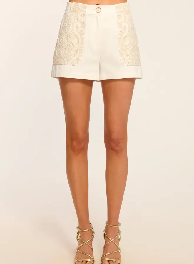 Ramy Brook- Hilary Embroidered Denim Mini Short- White Denim Emroidery