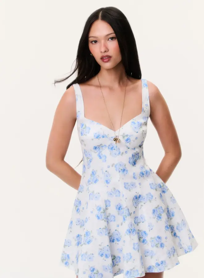 Love Shack Fancy- Nabi Linen Floral Mini Dress- Blue Marina