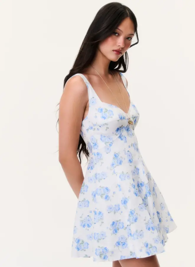 Love Shack Fancy- Nabi Linen Floral Mini Dress- Blue Marina