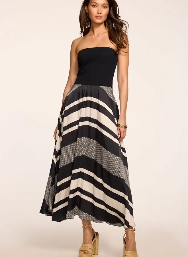 Ramy Brook- Oakley Printed Combo Knit Midi Dress- Black Stripe Combo
