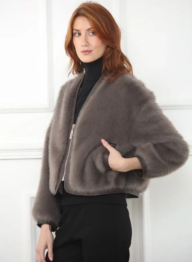 Zero Degrees Celsius- Faux Fur Zip Jacket- Taupe
