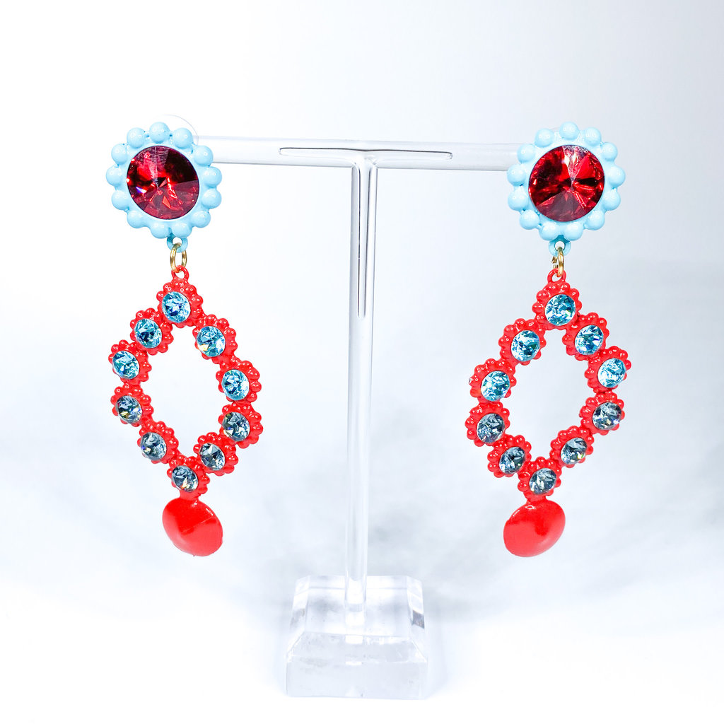 Tova Turquoise and Red painted pewter earrings with Swarovski Crystals