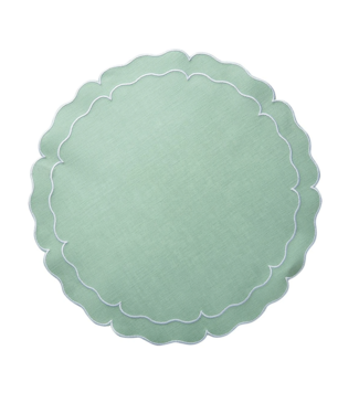 Skyros Designs Linho Scalloped Round Placemat Ice Blue and White