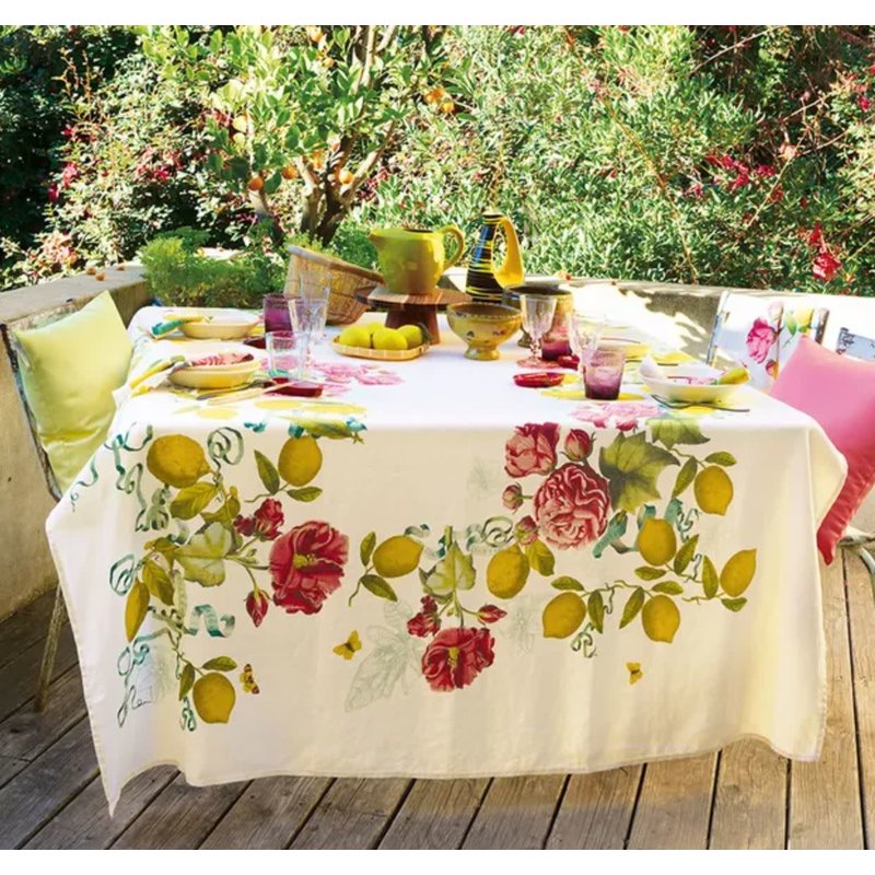 Garnier Thiebaut Citrons De Menton Romance Tablecloth 61"x89", 100% Linen, Prewashed