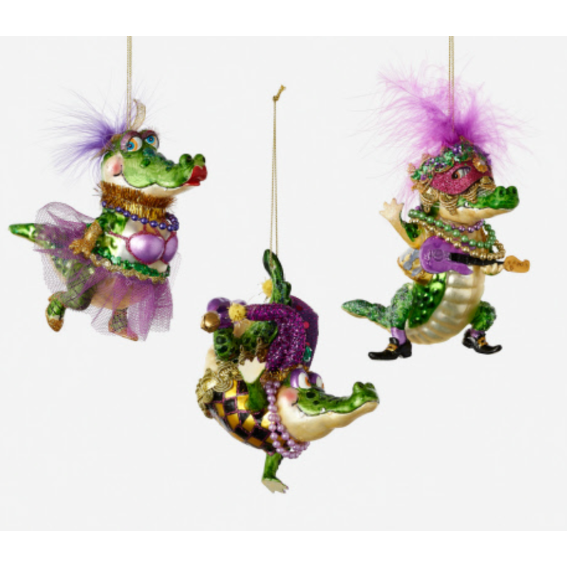 One Hundred 80 Degrees Mardi Gras Gator Ornament Lady- Glass 6'' Sold Separately