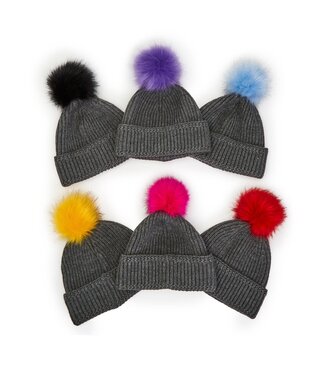 Two's Company Grey Knit Hat with Pop Color Pom A/6