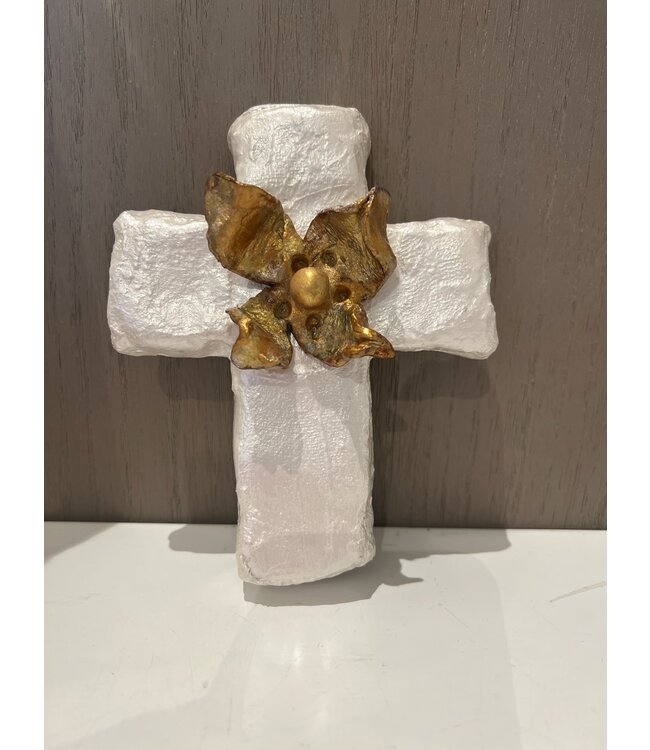 White and gold plaster cross with center flower 7x5