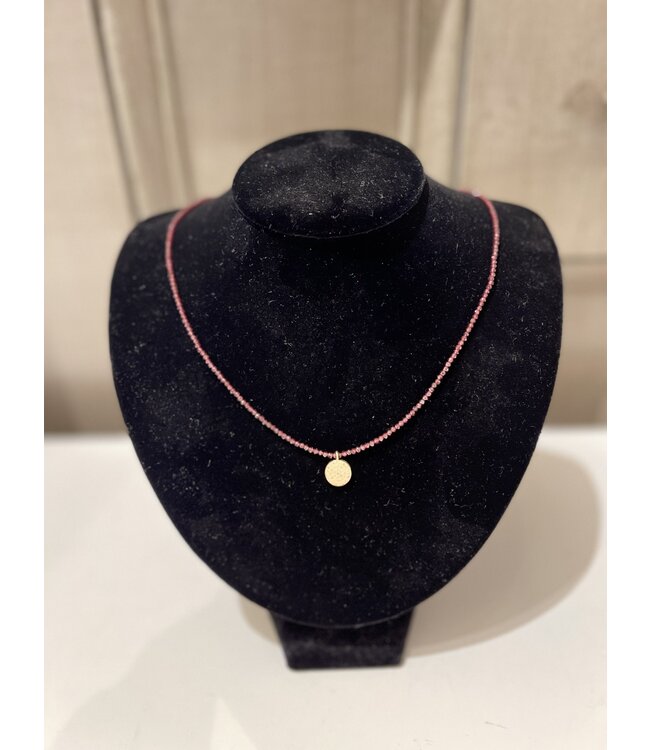 Garnet Strand Necklace w Diamond Disc in Gold Plated Silver