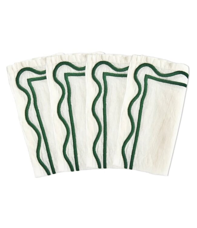 Colorblock Embroidered Linen Napkins in Dark Green (Set of 4)