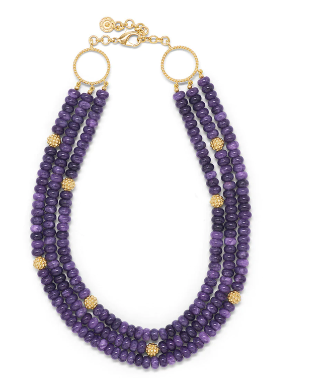 Berry & Bead Triple Strand Necklace with Violet Jade