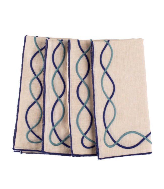 Ribbon Braided Embroidered Linen Napkins in Blue/Green (Set of 4)