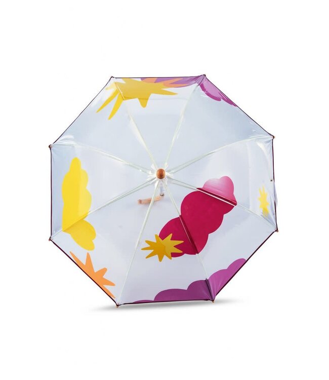 Kids clear dome umbrella - burgundy and yellow cloud and star print - MAIDO
