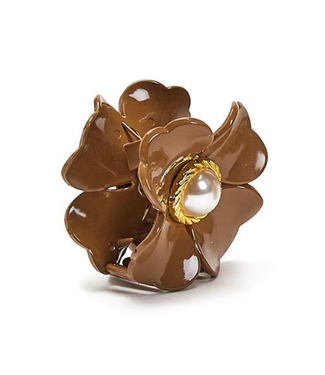 Two's Company Brown Flower Clip with Pearl