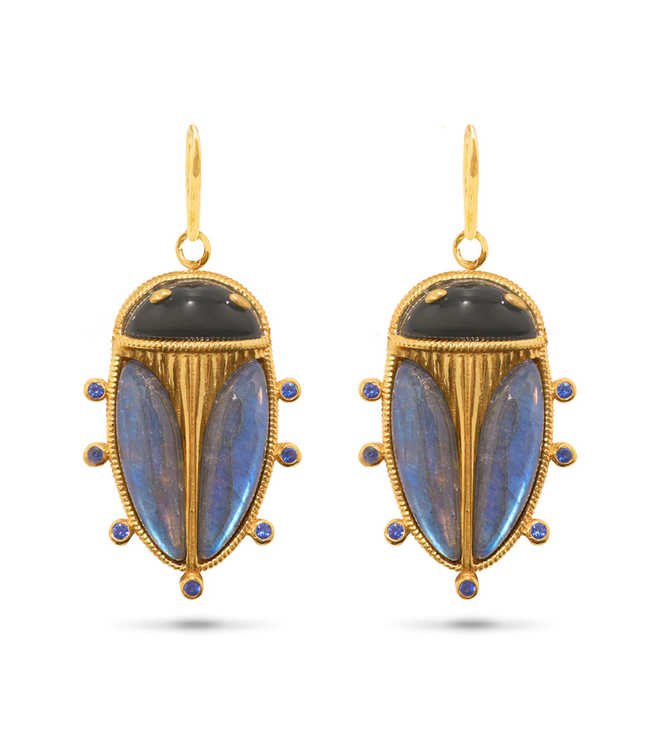 Scarab Petite Drop Earrings in Blue Labradorite/Black Agate Scarab