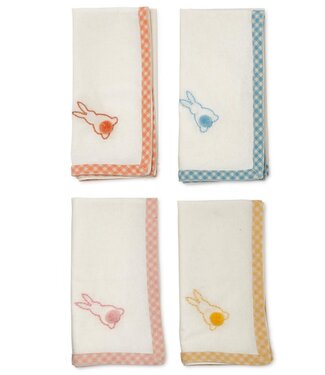 Two's Company Cottontail S/4 Cloth Napkins with Embroidered Bunny and PomPom Accents