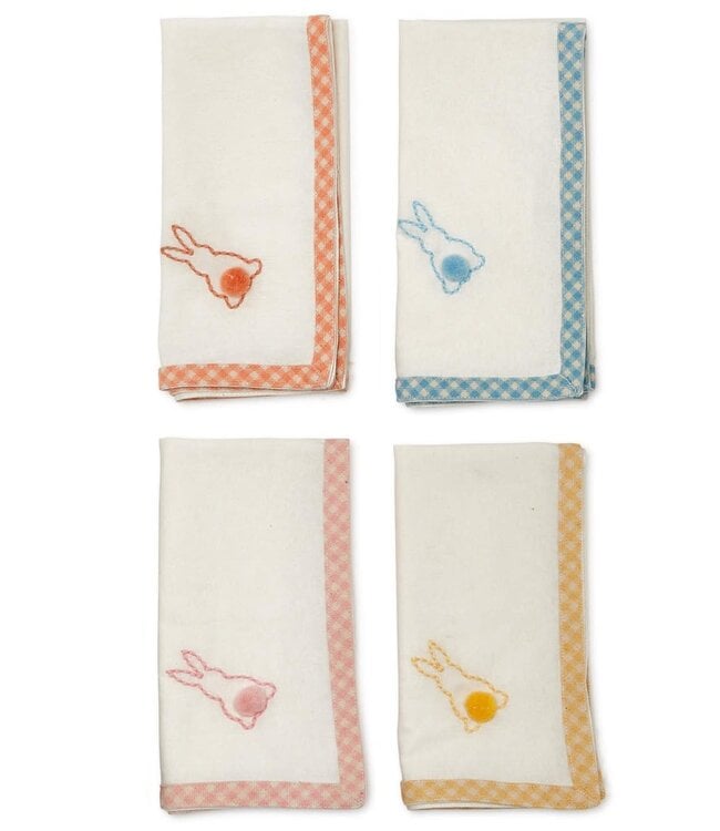 Cottontail S/4 Cloth Napkins with Embroidered Bunny and PomPom Accents