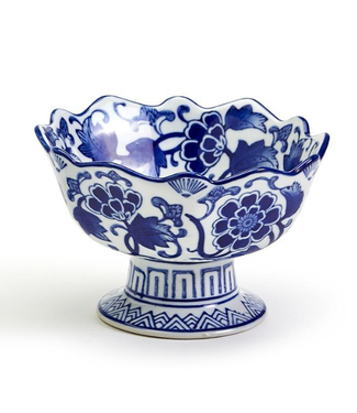 Two's Company Blue and White Scalloped Edge Hand-Painted Footed Bowl