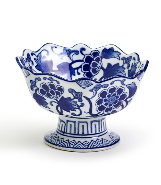 Blue and White Scalloped Edge Hand-Painted Footed Bowl