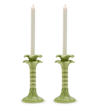 Two's Company Green Palm Leaf Set of 2 Taper Candlestick Holders
