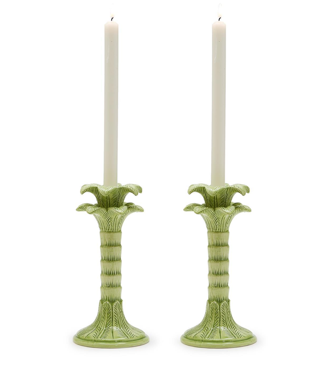 Green Palm Leaf Set of 2 Taper Candlestick Holders