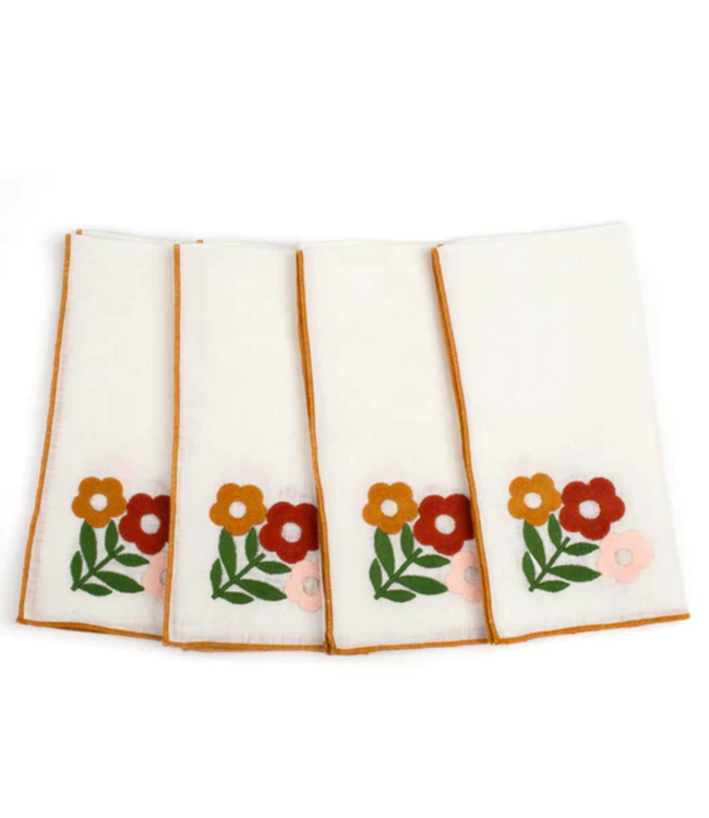 Floral Embroidered Linen Napkins in Amber (Set of 4)