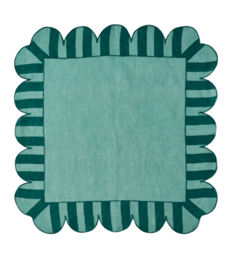 Misette Green Jardin Embroidered Linen Scalloped Stripe Napkins with Color Backing (Set of 4)