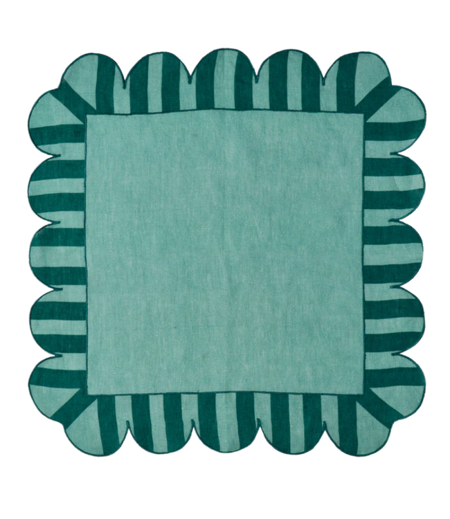 Green Jardin Embroidered Linen Scalloped Stripe Napkins with Color Backing (Set of 4)