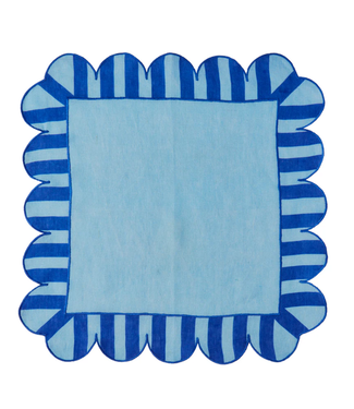 Misette Blue Jardin Embroidered Linen Scalloped Stripe Napkins with Color Backing (Set of 4)
