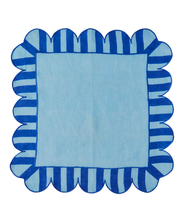 Blue Jardin Embroidered Linen Scalloped Stripe Napkins with Color Backing (Set of 4)