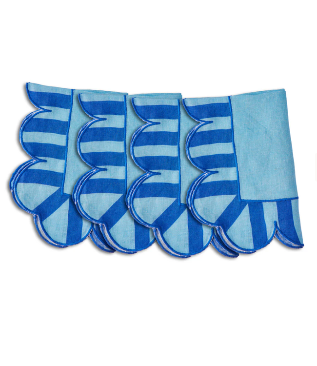 Blue Jardin Embroidered Linen Scalloped Stripe Napkins with Color Backing (Set of 4)