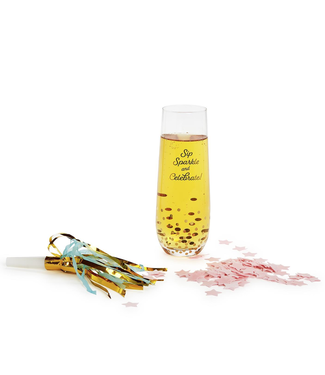 Two's Company Oh Happy Day! Stemless Champagne Glass with Champagne Scented Star Bath Confetti and Noise Maker