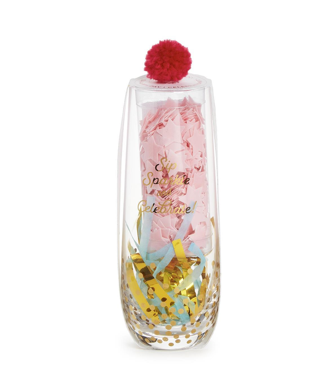 Oh Happy Day! Stemless Champagne Glass with Champagne Scented Star Bath Confetti and Noise Maker