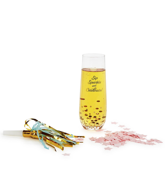 Oh Happy Day! Stemless Champagne Glass with Champagne Scented Star Bath Confetti and Noise Maker
