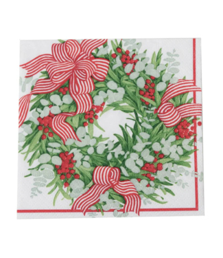 Caspari Ribbon Stripe Wreath Cocktail Napkins - 20 Per Package