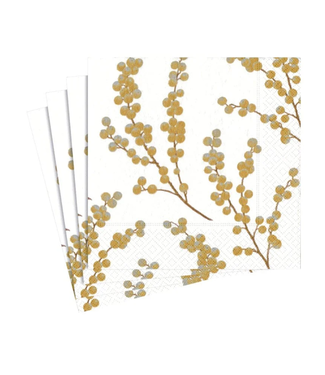 Caspari Berry Branches Paper Cocktail Napkins in White & Gold - 20 Per Package
