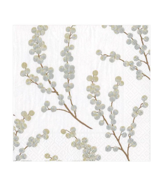 Caspari Berry Branches Paper Cocktail Napkins in White & Silver - 20 Per Package