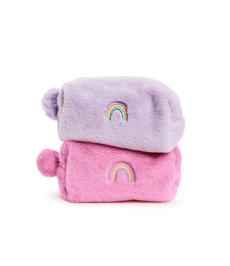 Two's Company Faux Fur Multipurpose Pouch with Embroidered Rainbow and Pom Pom