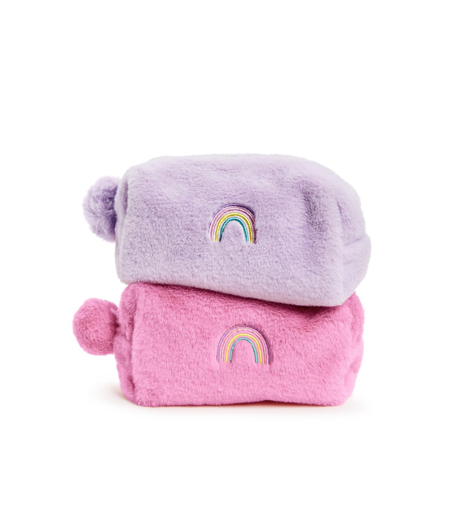 Faux Fur Multipurpose Pouch with Embroidered Rainbow and Pom Pom