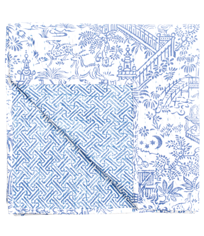 Pagoda Toile Blue&white Reversible Table Cover 70.5 X 70.5 Inch