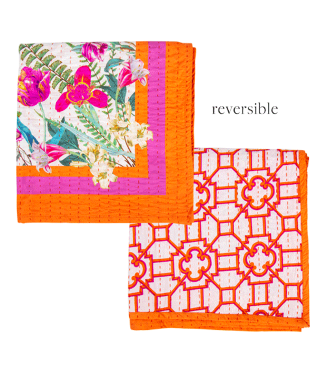La Dolce Vita Kantha Quilt Fuchsia Table Cover 70.5 X 70.5 Inch