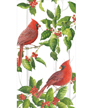 Caspari Holly And Songbirds White Silver Guest Towel