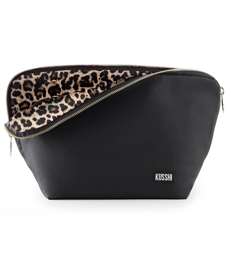 Kusshi Vacationer Makeup Bag Satin Black Fabric with Leopard Interior