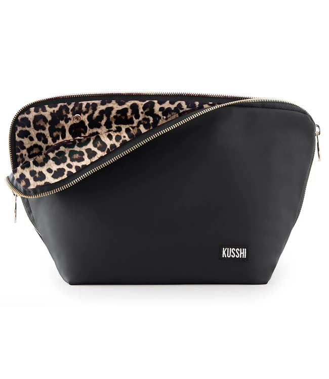 Vacationer Makeup Bag Satin Black Fabric with Leopard Interior