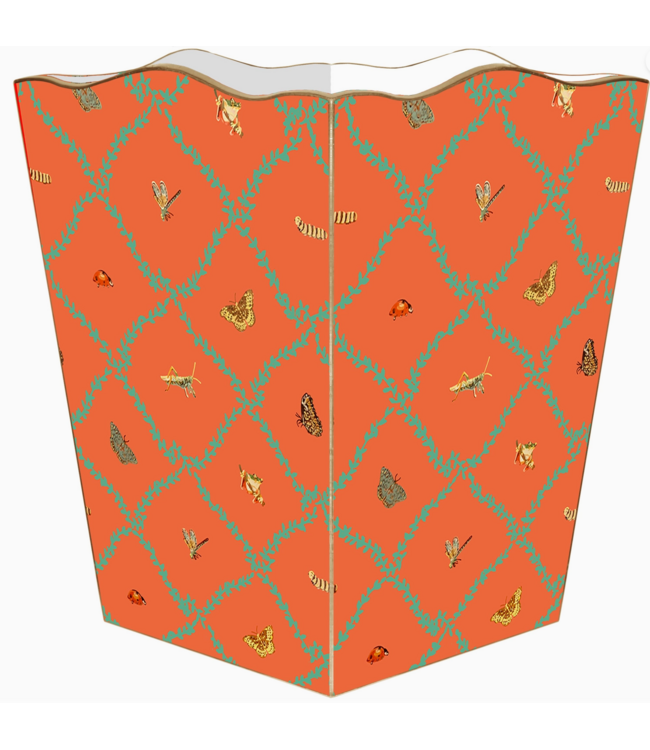 Butterflies, Bugs and Trellis On Orange Wastebasket Scalloped Top