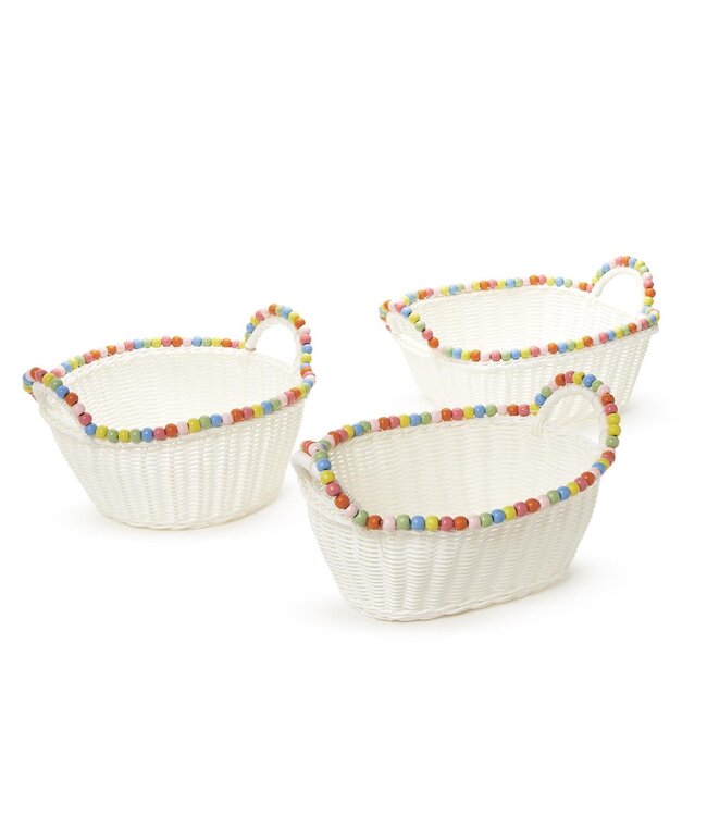 Hand-Woven Faux Wicker Basket with Multi-Color Wood Beads Trim