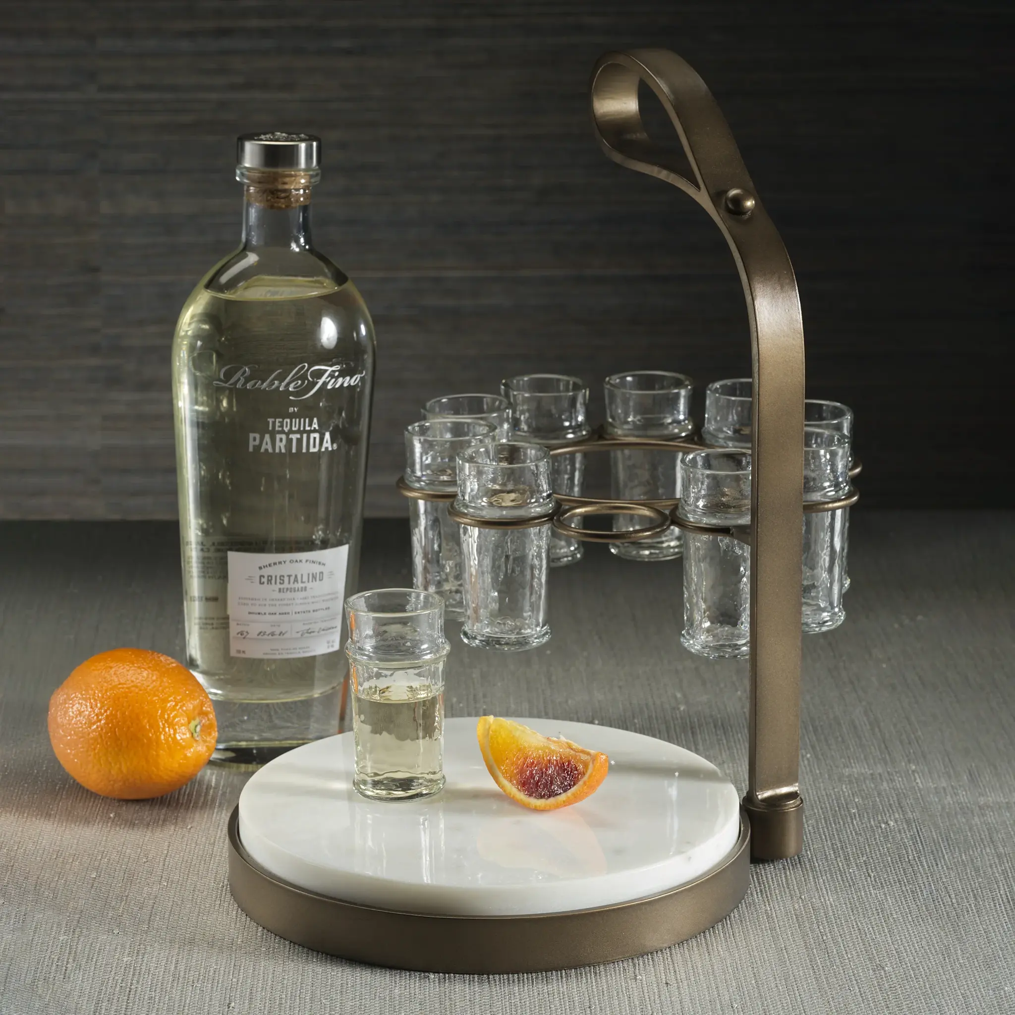 Zodax Tequilero 10 Shot Tequila set w/Marble Cutting Board - Judy