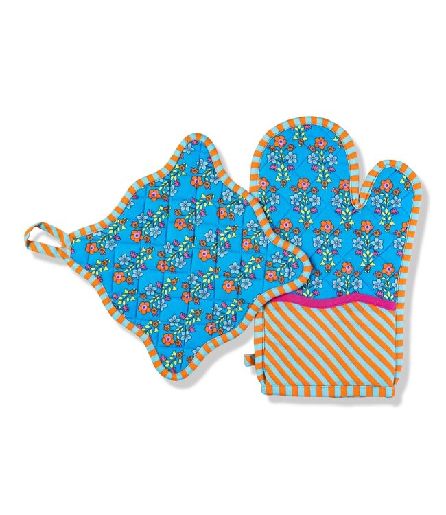 Blue Potholder & Oven Mitt