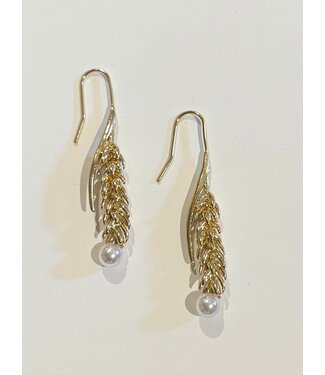 Laura McClendon Long Leaf with Round Pearl Earrings