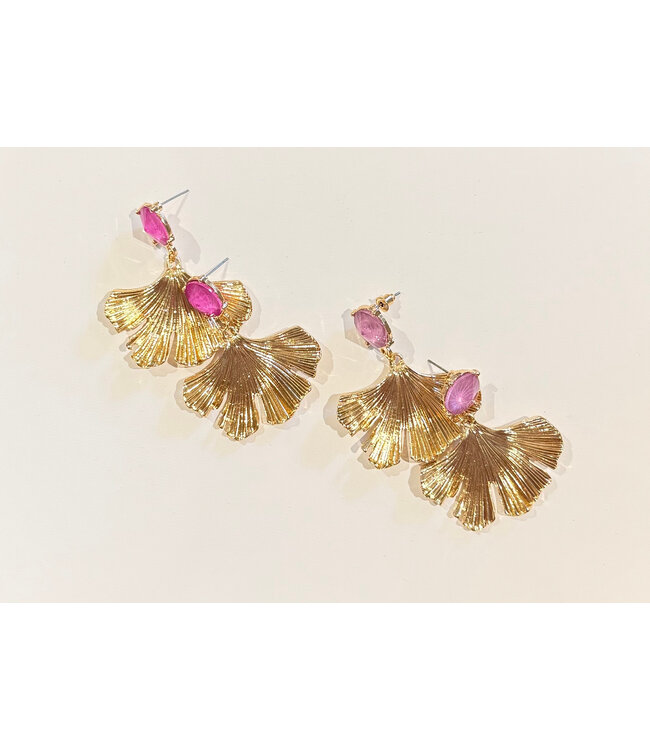 Pink Stone on Ginko Leaf Earrings